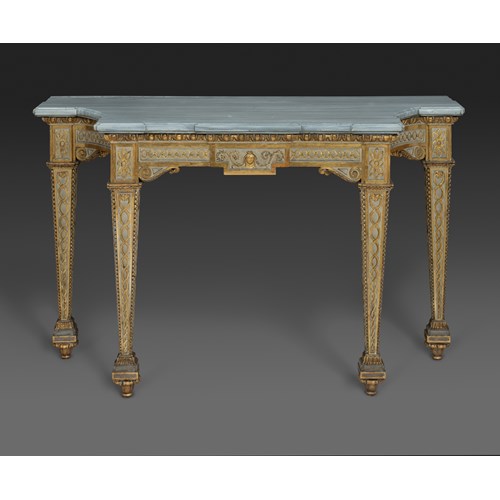 A North-Italian neoclassical creme painted and microcarved parcel gilt-walnut console table with original Grey Valdieri marble top, Turin, 1790 circa